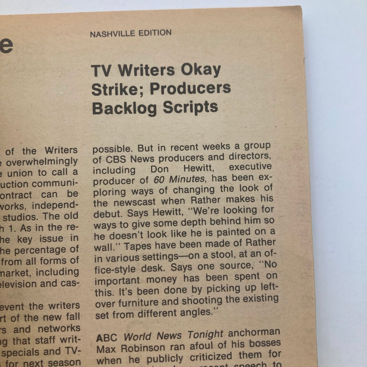 A page from the Nashville edition of TV Guide Magazine discussing a recent strike by TV writers and the impact on producers and scripts. Features relevant articles from the February 21, 1981 issue.