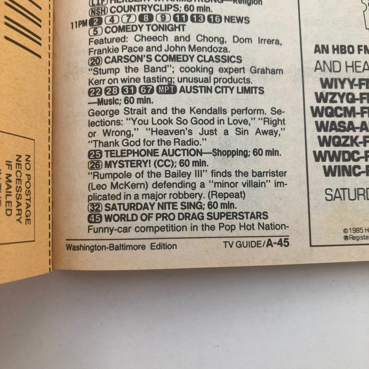 Inside page of TV Guide Magazine September 28, 1985 with program listings and schedule details for the Washington-Baltimore edition.