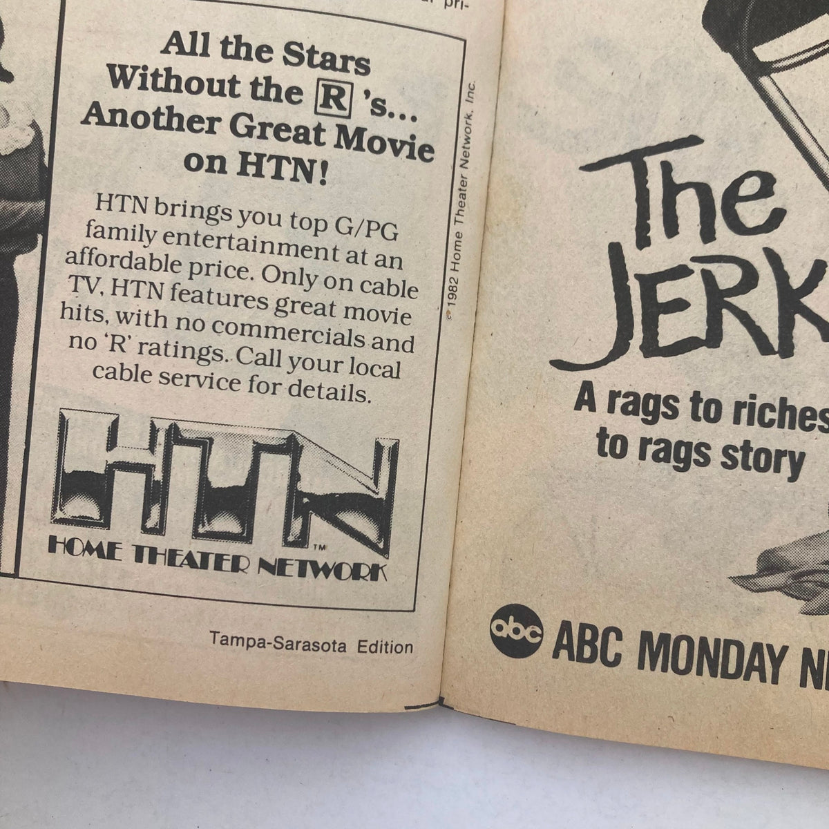Inside page of TV Guide Magazine February 13 1982 showcasing advertisements, including one for Home Theater Network (HTN) promoting family-friendly films without R ratings.