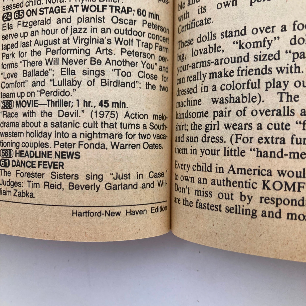 Interior page from the TV Guide Magazine, November 30, 1985 edition featuring programming highlights and descriptions. Includes listings for a movie titled 'Race with the Devil' and a performance by the Forester Sisters. This historical item showcases TV entertainment from the 1980s.