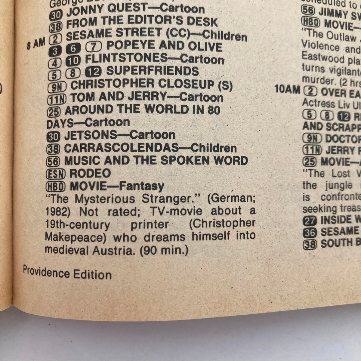 Inside page of TV Guide Magazine May 8 1982 listing program schedules. Highlights various shows like Johnny Quest, Sesame Street, and The Mysterious Stranger movie.