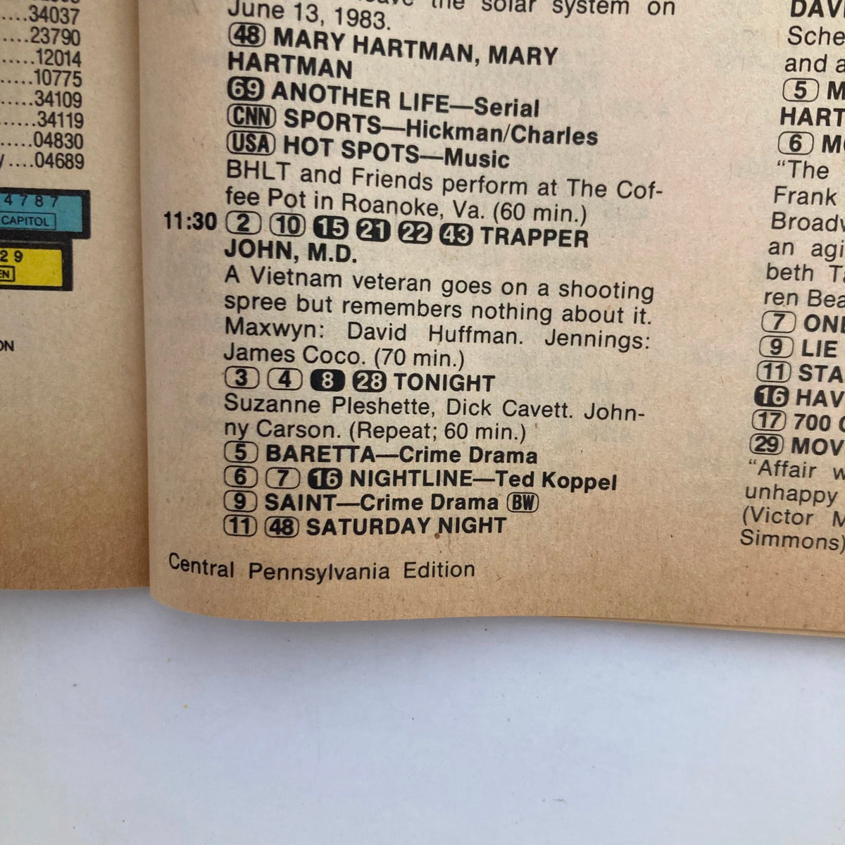 Inside page of TV Guide Magazine June 11 1983 showing program listings for the week, including descriptions for popular shows like 'Trapper John, M.D.' and 'Tonight Show'.