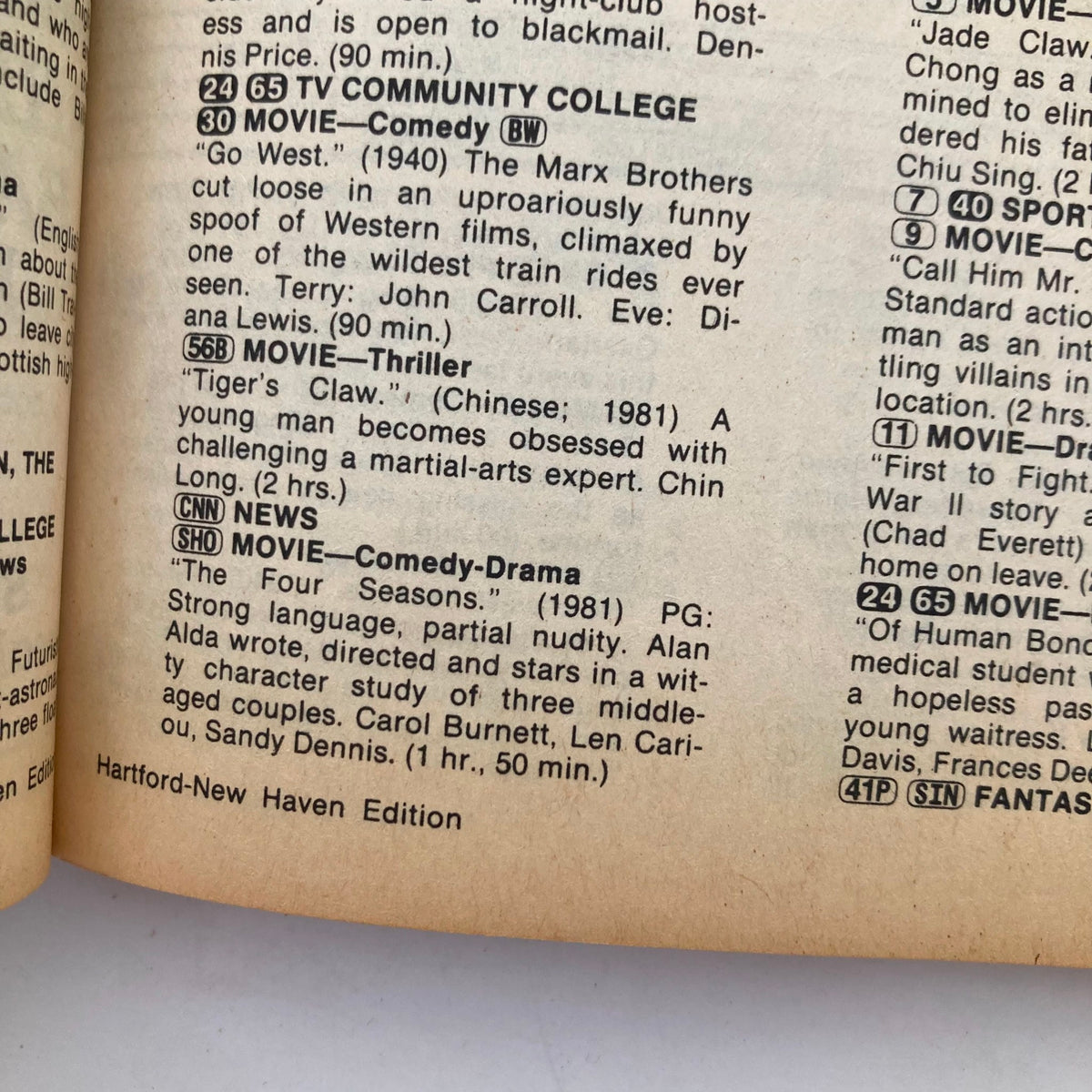 Inside page of TV Guide Magazine March 19 1983 showing Hartford-New Haven edition's movie listings and programming schedule.