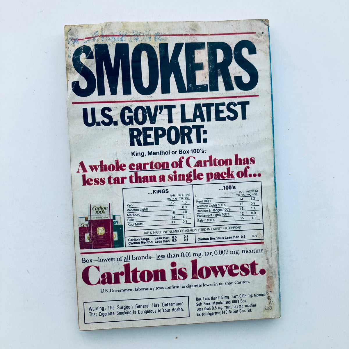 Back cover of TV Guide Magazine dated November 27, 1982, featuring a report about Carlton cigarettes, highlighting tar and nicotine content.
