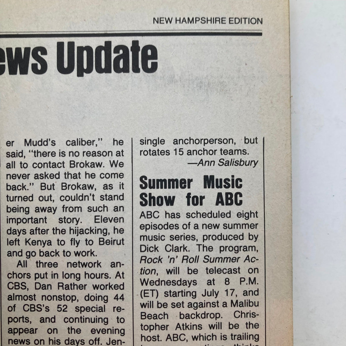 Inside page from the New Hampshire edition of TV Guide Magazine July 6 1985, featuring a news update about television programming and summer music shows for ABC.