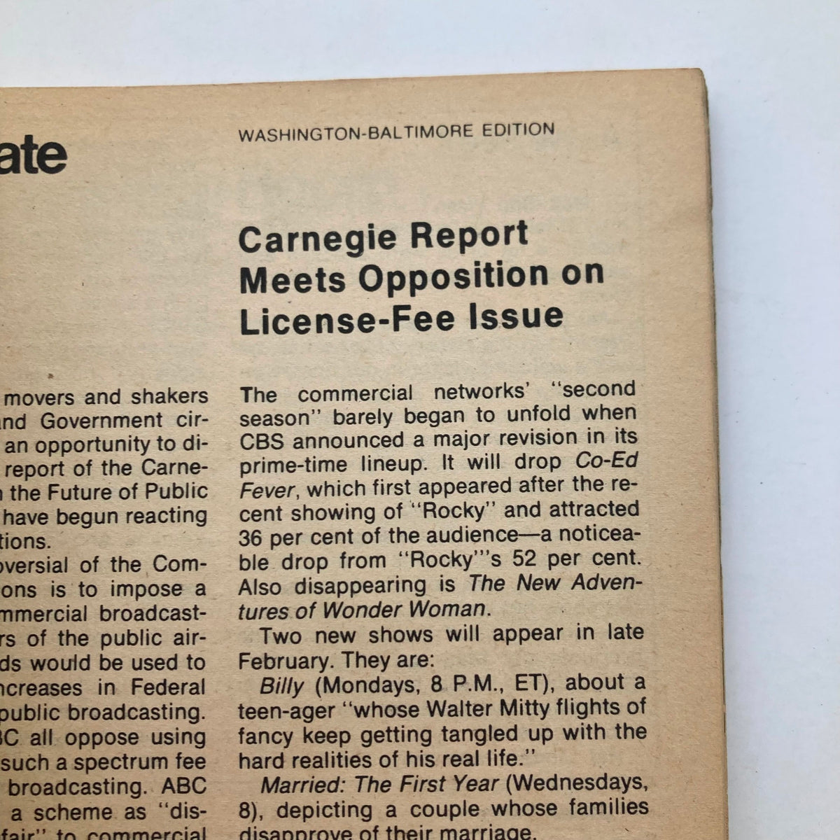 TV Guide Magazine February 17 1979 featuring a Washington-Baltimore edition article titled 'Carnegie Report Meets Opposition on License-Fee Issue'. The image displays text discussing changes in CBS primetime lineup including 'Co-Ed Fever' and 'The New Adventures of Wonder Woman', relevant to television history.