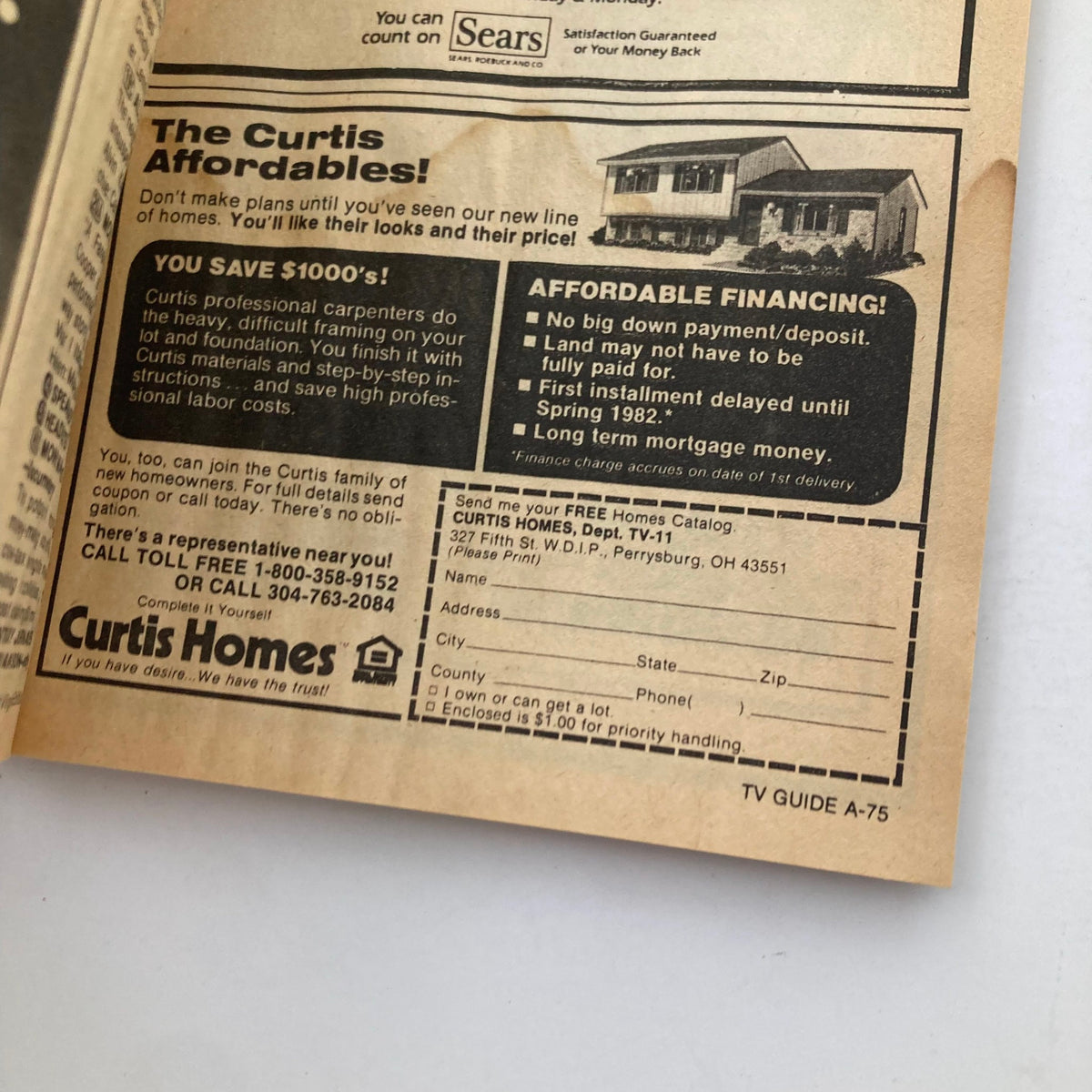 Inside page of TV Guide Magazine October 10, 1981 showcasing an advertisement for Curtis Homes, promoting affordable financing and new home designs.