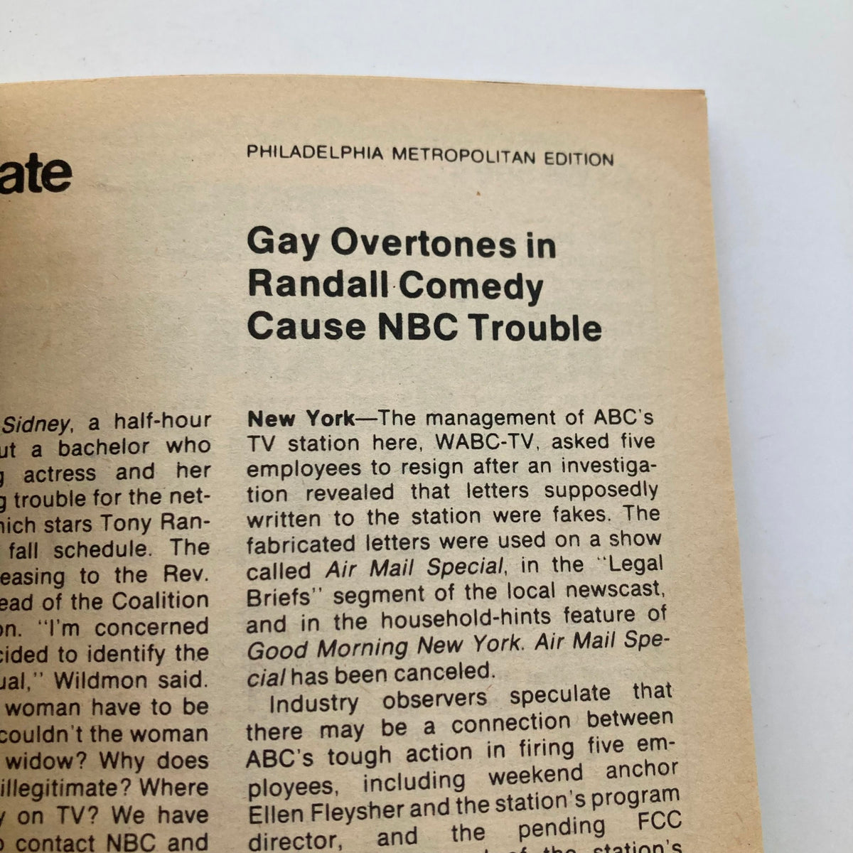 Page from TV Guide Magazine, Philadelphia Metropolitan Edition, discussing 'Gay Overtones in Randall Comedy Cause NBC Trouble.' This article highlights an investigation regarding fabricated letters related to a TV station, emphasizing issues in television broadcasting during the early 1980s.