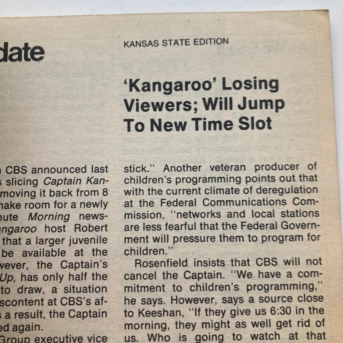Interior page from TV Guide Magazine December 19, 1981, Kansas State Edition, discussing programming changes for the show Kangaroo, reflecting the television landscape of the early 1980s.