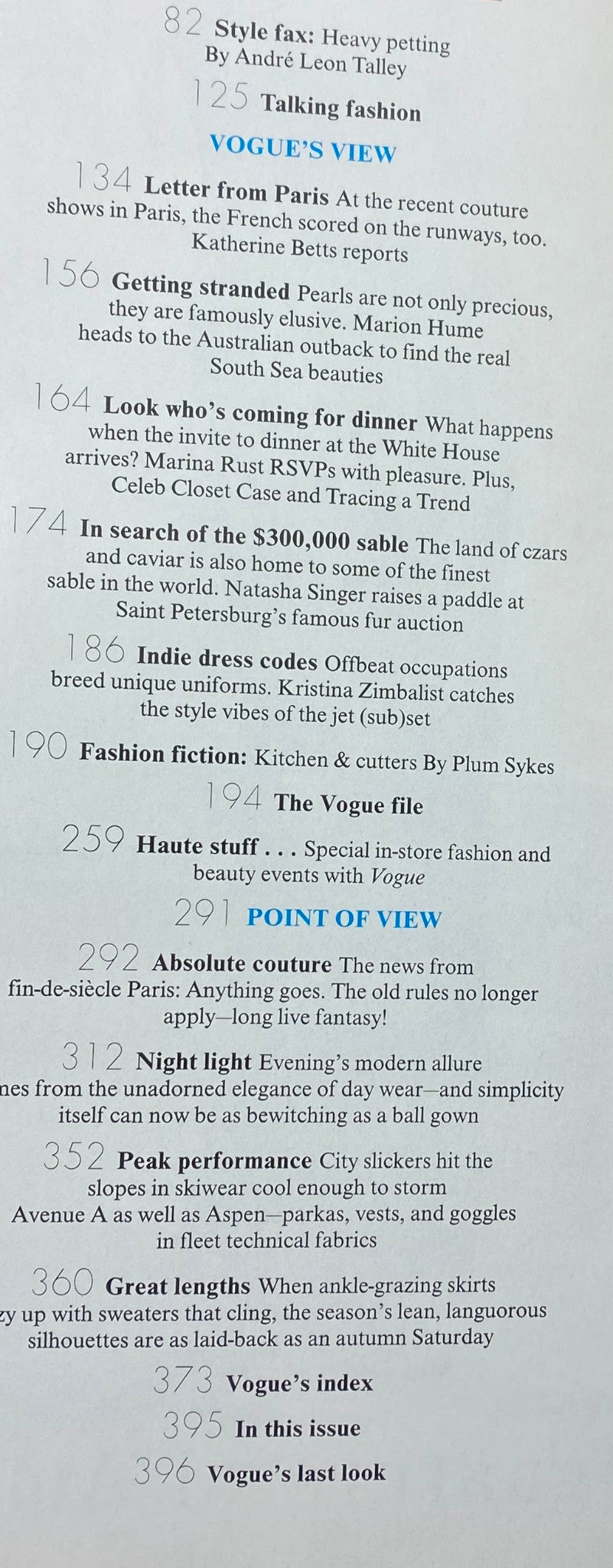 Table of contents from Vogue Magazine October 1998 detailing feature articles such as 'Letter from Paris' and 'Getting Stranded'. 