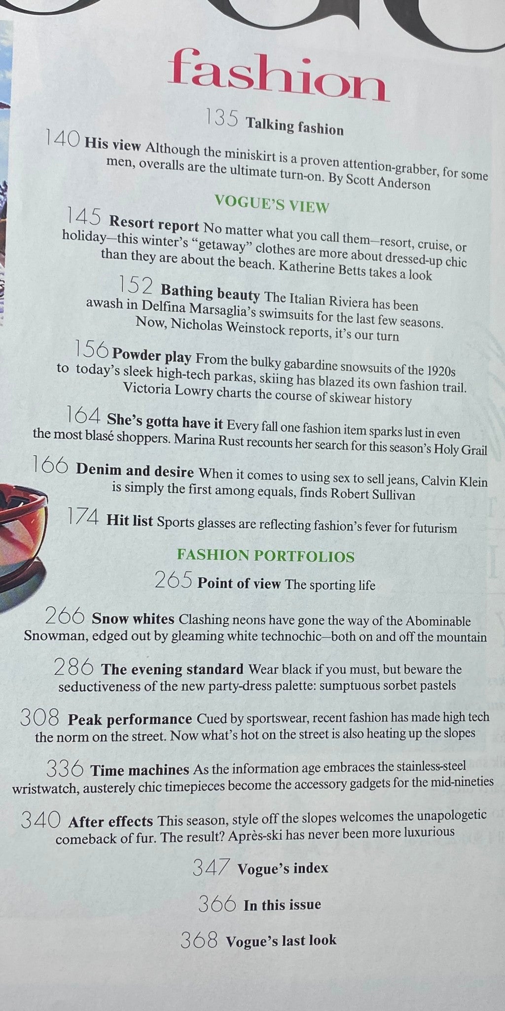 Contents page from Vogue Magazine November 1995, listing fashion articles including Resort Report and Denim and Desire, providing insight into mid-90s fashion trends.