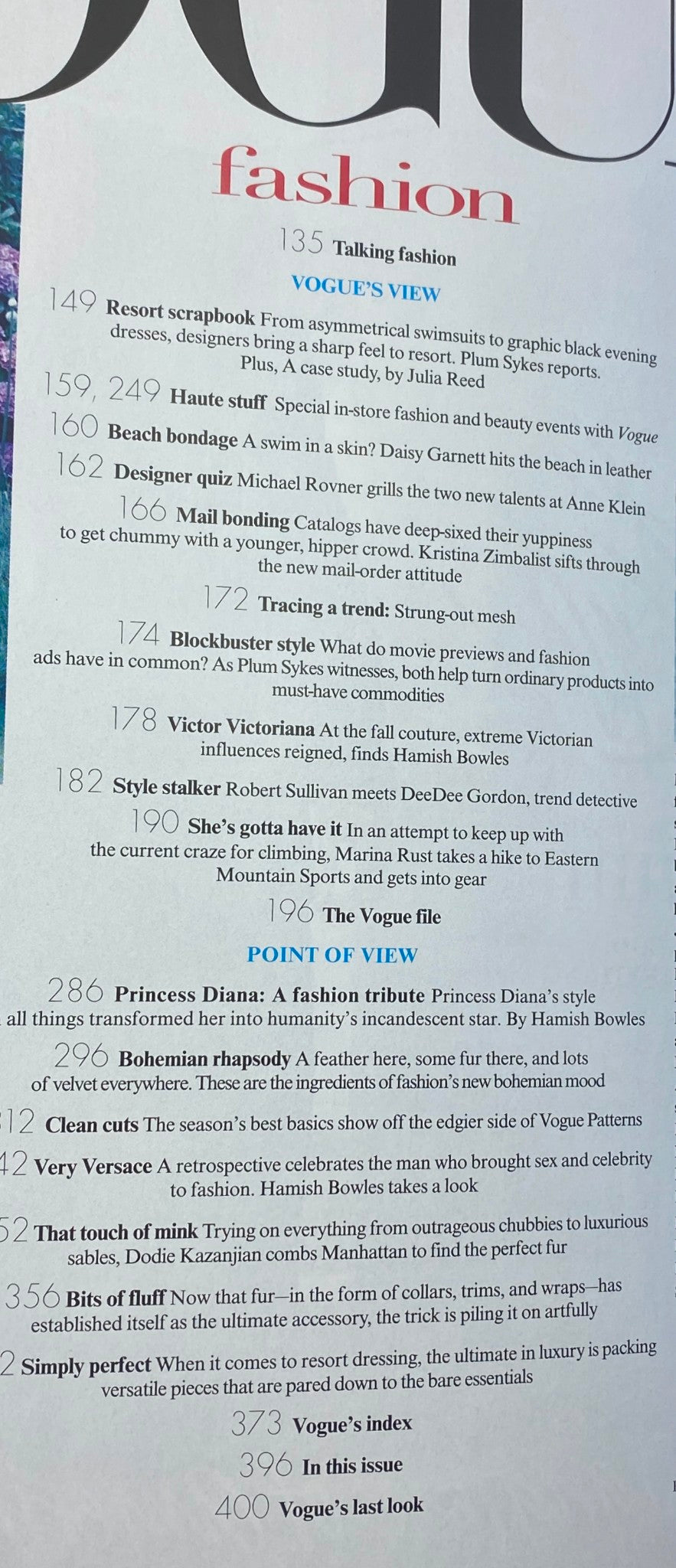 Contents page of Vogue Magazine November 1997, highlighting various fashion articles and features such as Princess Diana's style and the latest trends in Vogue.