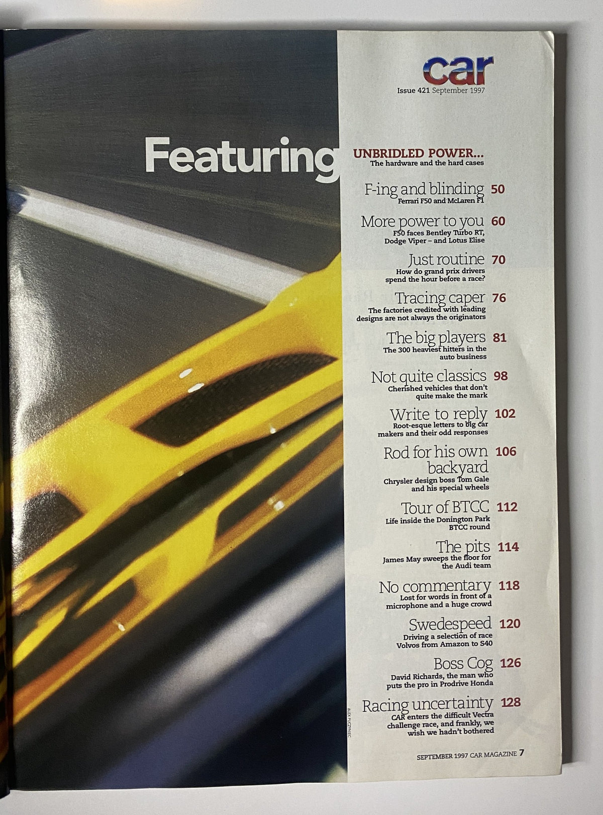 Table of contents from CAR Magazine September 1997 showcasing features including McLaren F1, Ferrari F50, and various automotive industry insights.
