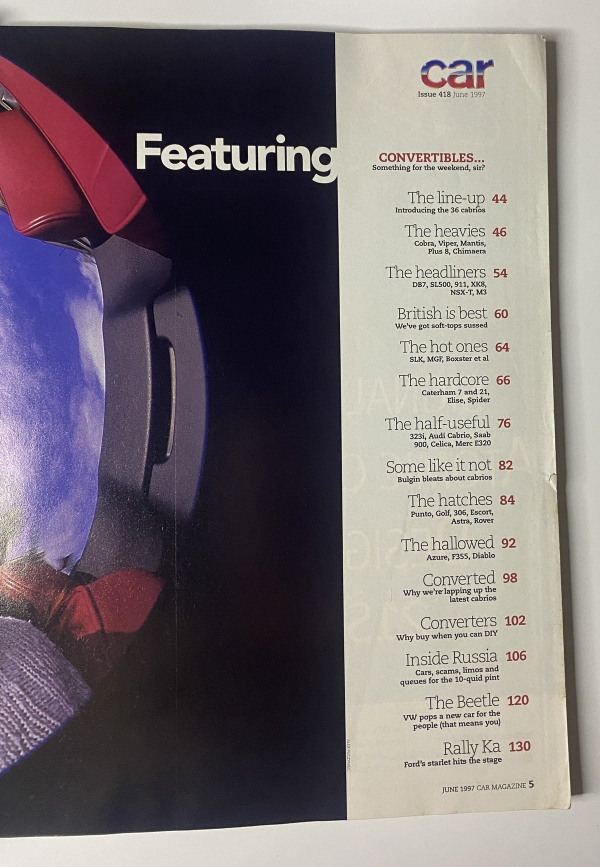 Table of contents from CAR Magazine June 1997 featuring convertibles and highlight articles like 'The headliners' and 'The hardcore'. Includes details on various cabriolets and related models.