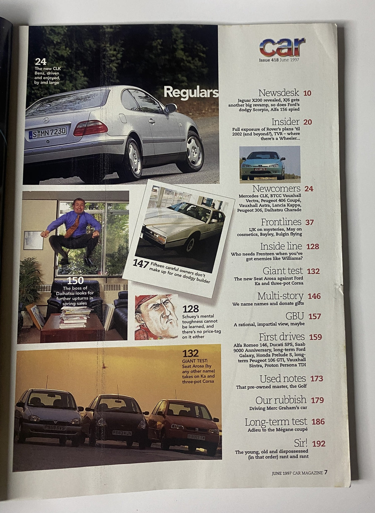 Regulars and sections from CAR Magazine June 1997, showcasing articles like 'Newsdesk', 'Giant test', and 'Insider'. Features details on new car reveals including the Mercedes CLK.