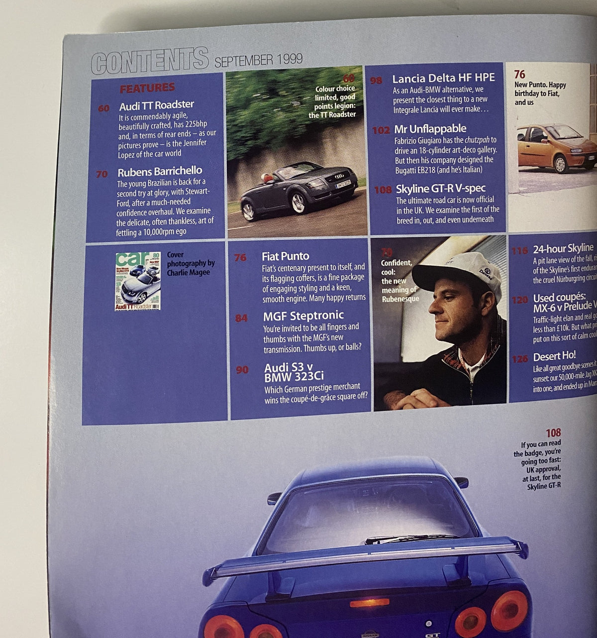 Table of contents from CAR Magazine September 1999 showcasing features like Audi TT Roadster, Rubens Barrichello, and Fiat Punto, providing an outline of the magazine's articles.