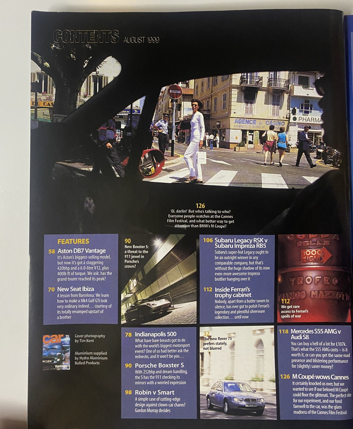 Contents page of CAR Magazine August 1999 showcasing featured articles including Aston DB7 Vantage, Subaru Legacy RSK, and Indianapolis 500.