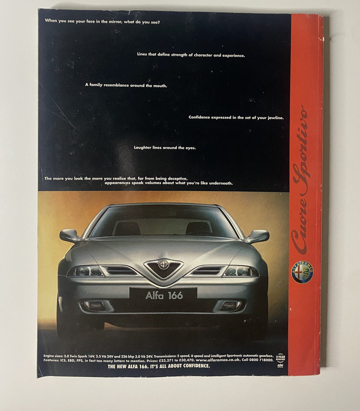 Back cover of CAR Magazine May 1999 featuring Alfa 166 advertisement, emphasizing automotive elegance and character, part of the car enthusiast's publication.