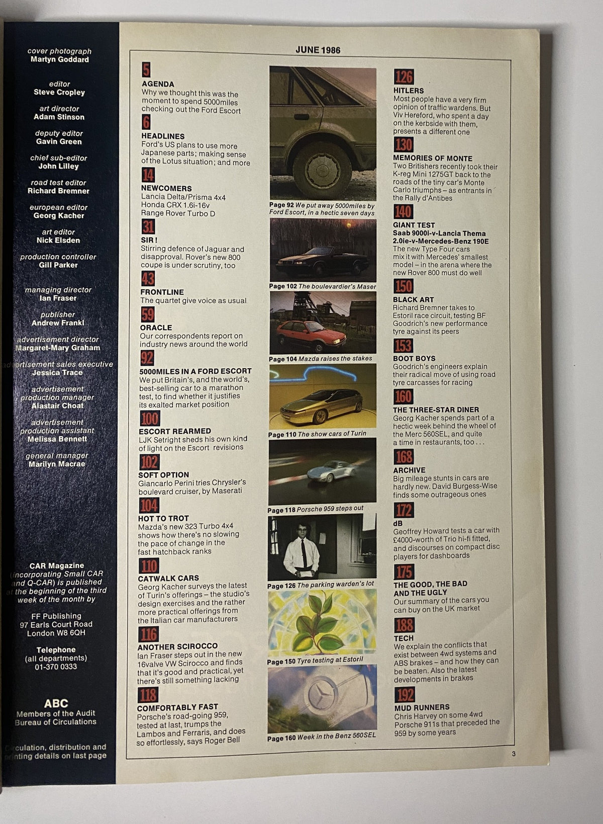 Table of Contents from CAR Magazine June 1986, listing articles including '5000 Miles in a Ford Escort' and 'Memories of Monte'.