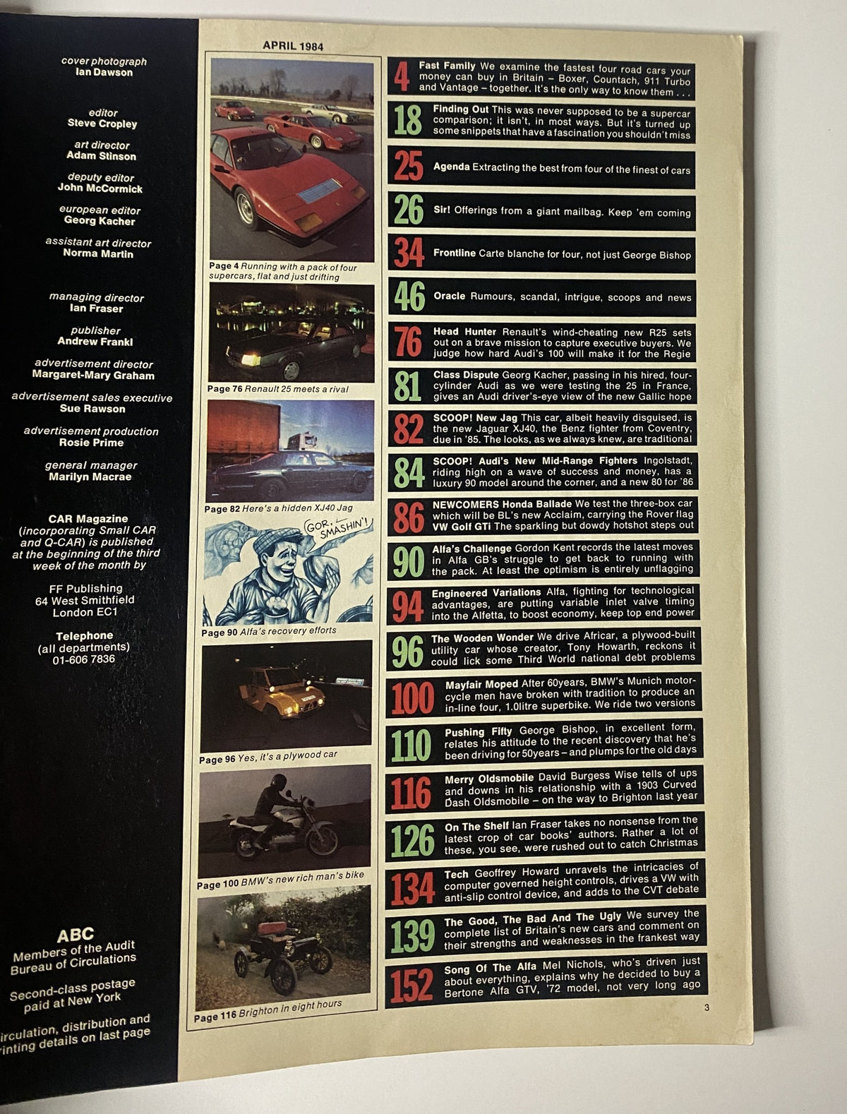 Table of contents from CAR Magazine April 1984, outlining articles including supercar tests and automotive news.