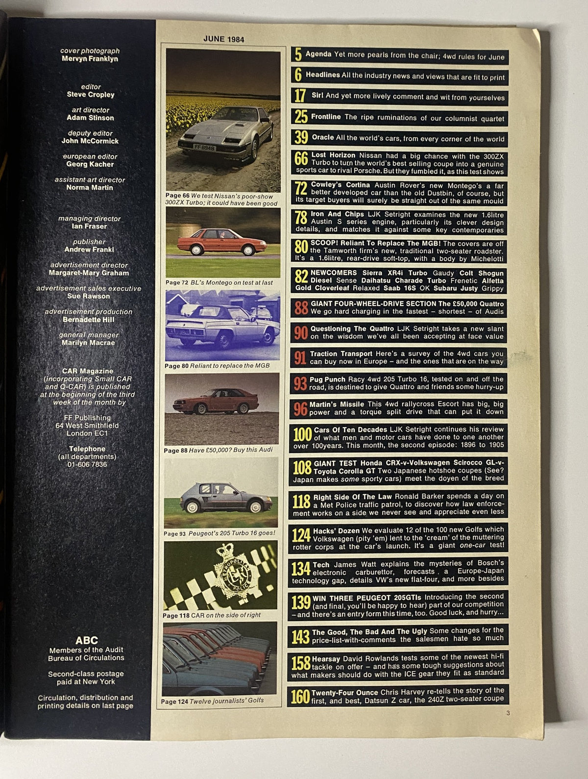 Table of Contents for Car Magazine June 1984 detailing various car reviews and features.