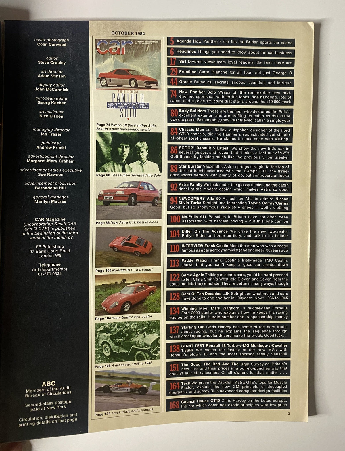 Page from Car Magazine October 1984 featuring Panther Solo, with the table of contents and highlighted articles on new cars, including the Astra GTE and Renault 5.