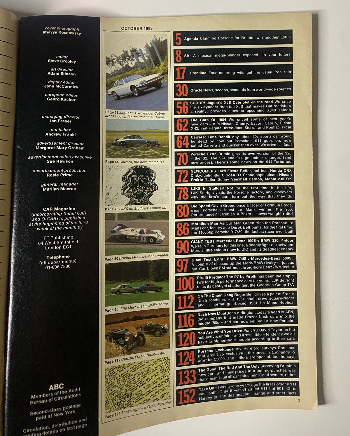 Table of Contents from Car Magazine October 1983, listing articles including a scoop on the Jaguar XJS Cabrio and insights on the Porsche 911.
