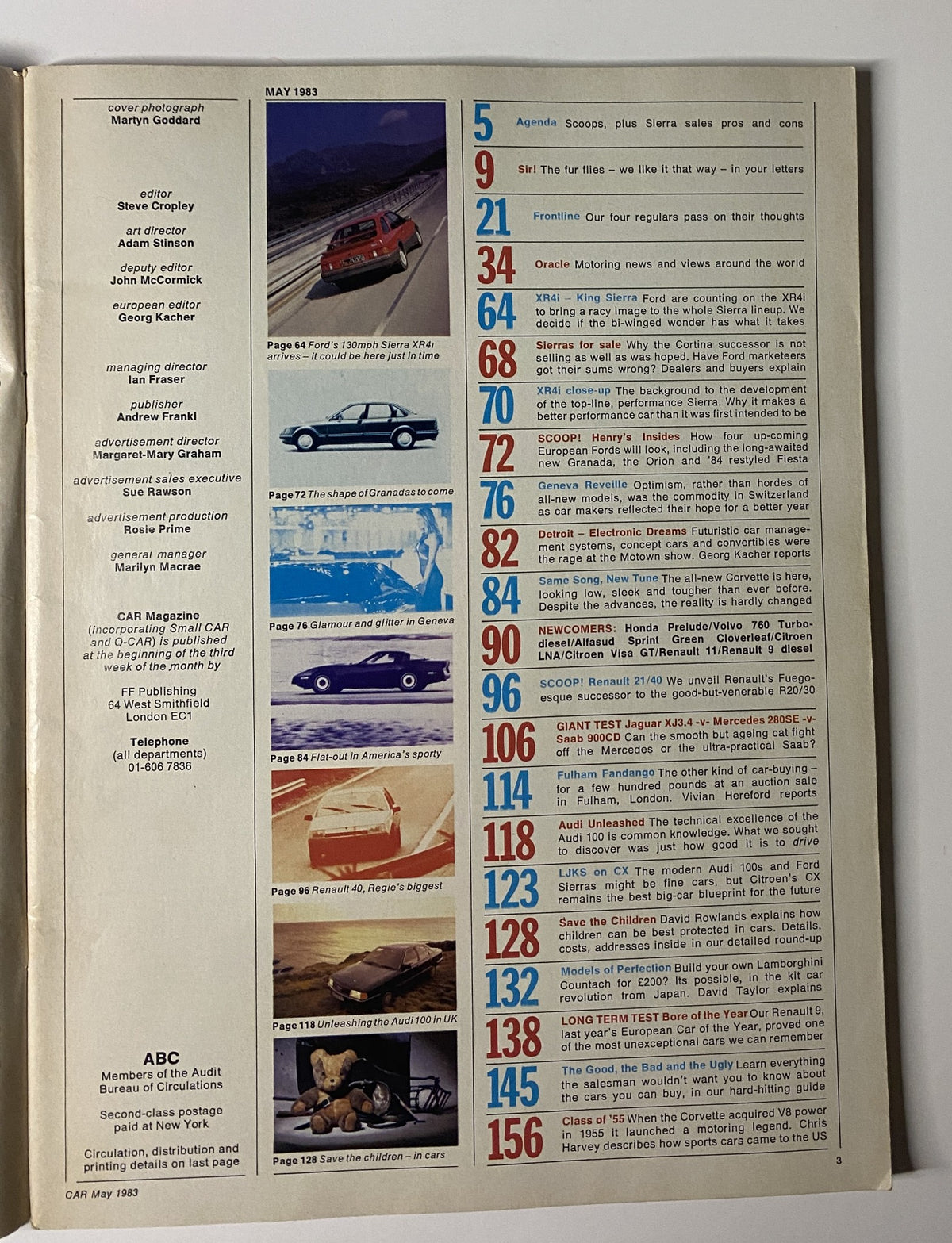 Table of contents from Car Magazine May 1983, showcasing articles including agendas, letters from readers, and detailed reviews of vehicles like the Ford Sierra XR4i and comparisons between the Jaguar XJ3.4 and Mercedes 280SE.