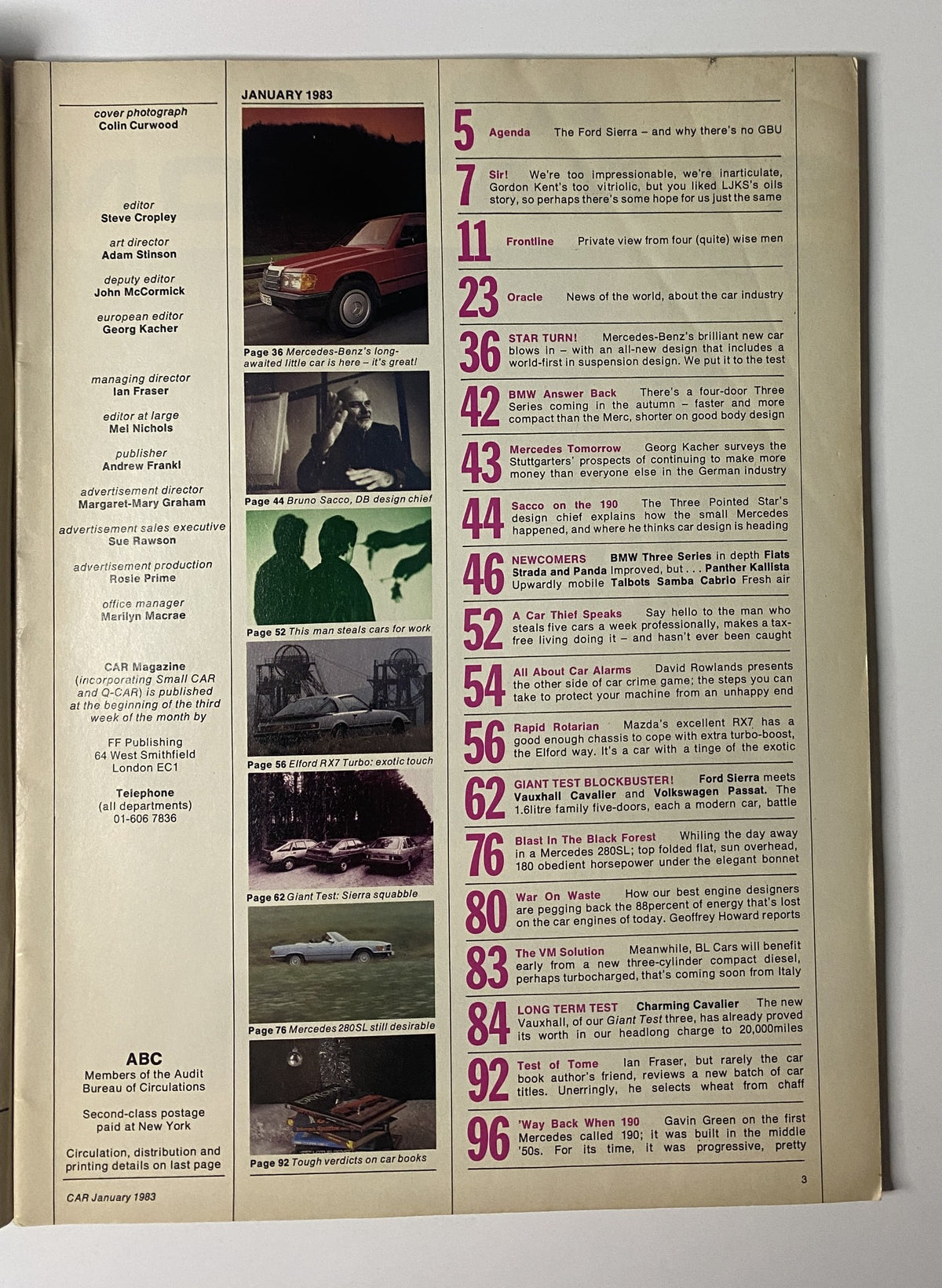 Contents page from Car Magazine January 1983 featuring Mercedes 190E test, Ford Sierra, and BMW Series GT review alongside various articles related to the automotive industry.