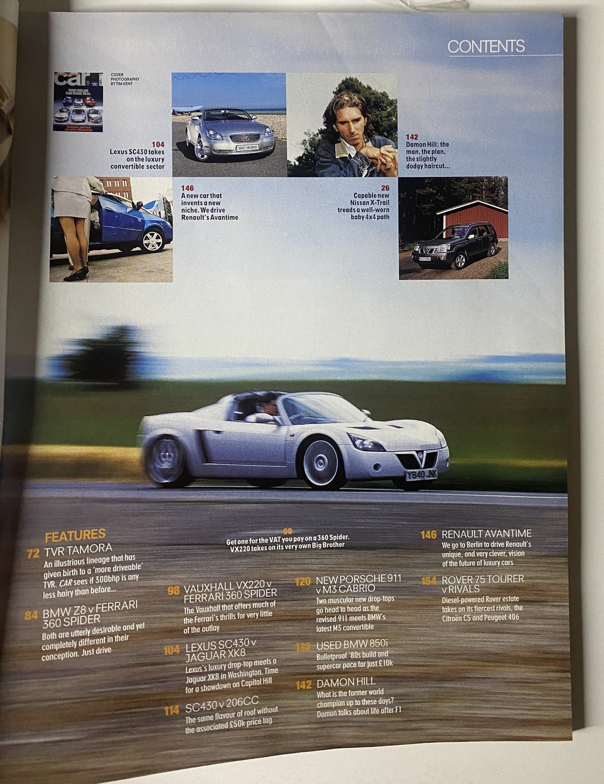 Table of contents from Car Magazine August 2001, showcasing featured articles including TVR Tamora, Vauxhall VX220 vs Ferrari 360 Spider, and Lexus SC430.