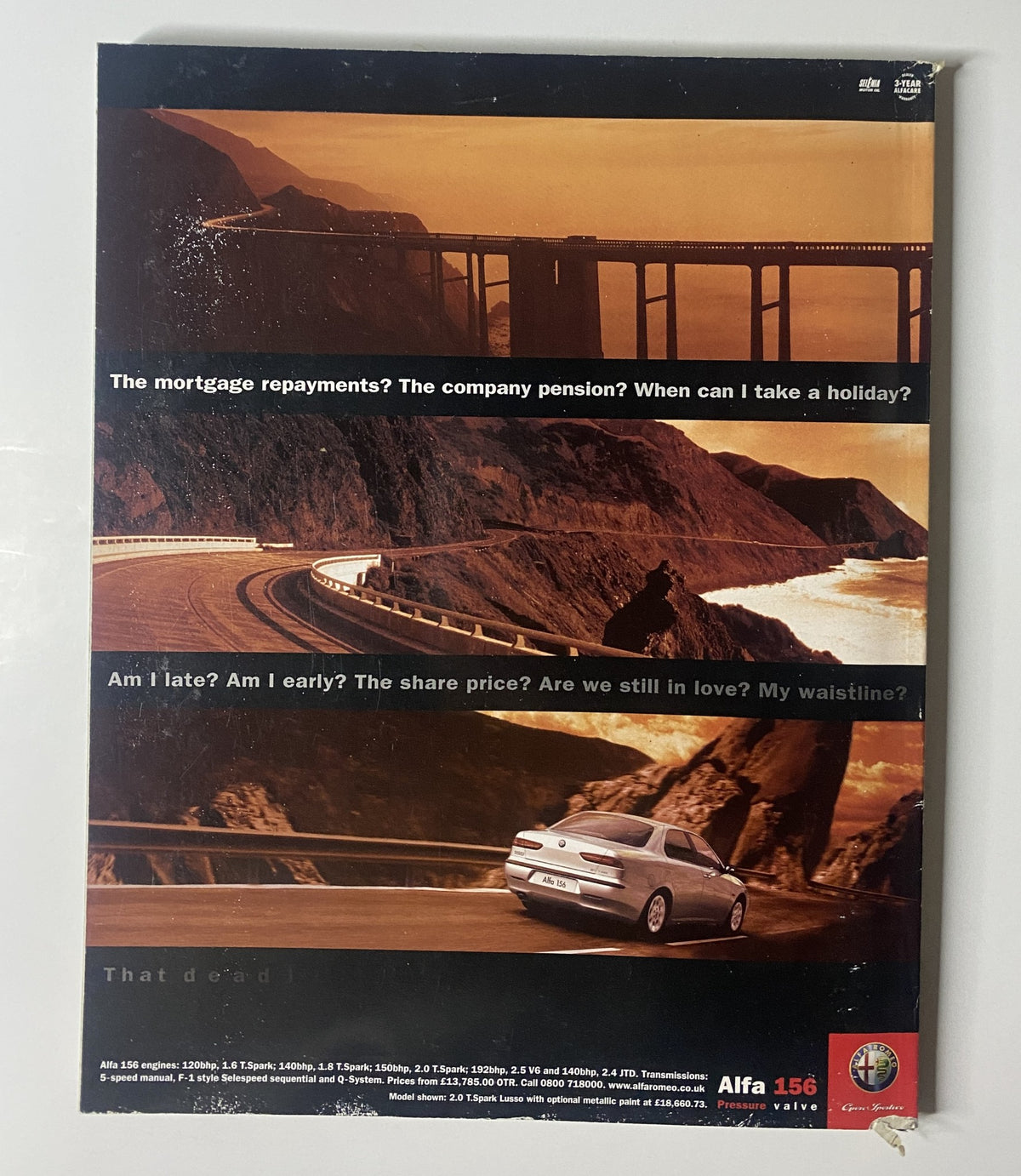 Car Magazine August 2001 cover featuring the Alfa Romeo 156, highlighting a scenic coastal road and engaging questions about life priorities. Perfect for automotive enthusiasts and collectors.