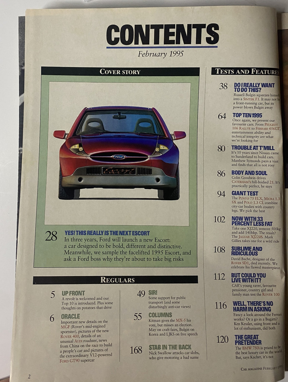 Contents page of Car Magazine February 1995 showcasing the cover story 'YES! THIS REALLY IS THE NEXT ESCORT' and various articles in the issue.