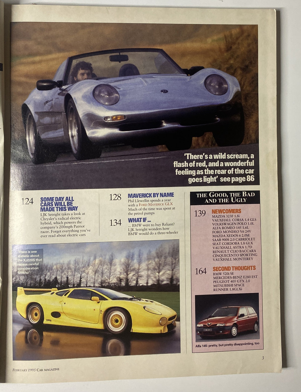 Page from Car Magazine February 1995 presenting the segment 'SOME DAY ALL CARS WILL BE MADE THIS WAY' along with two cars including a blue and yellow sports model.