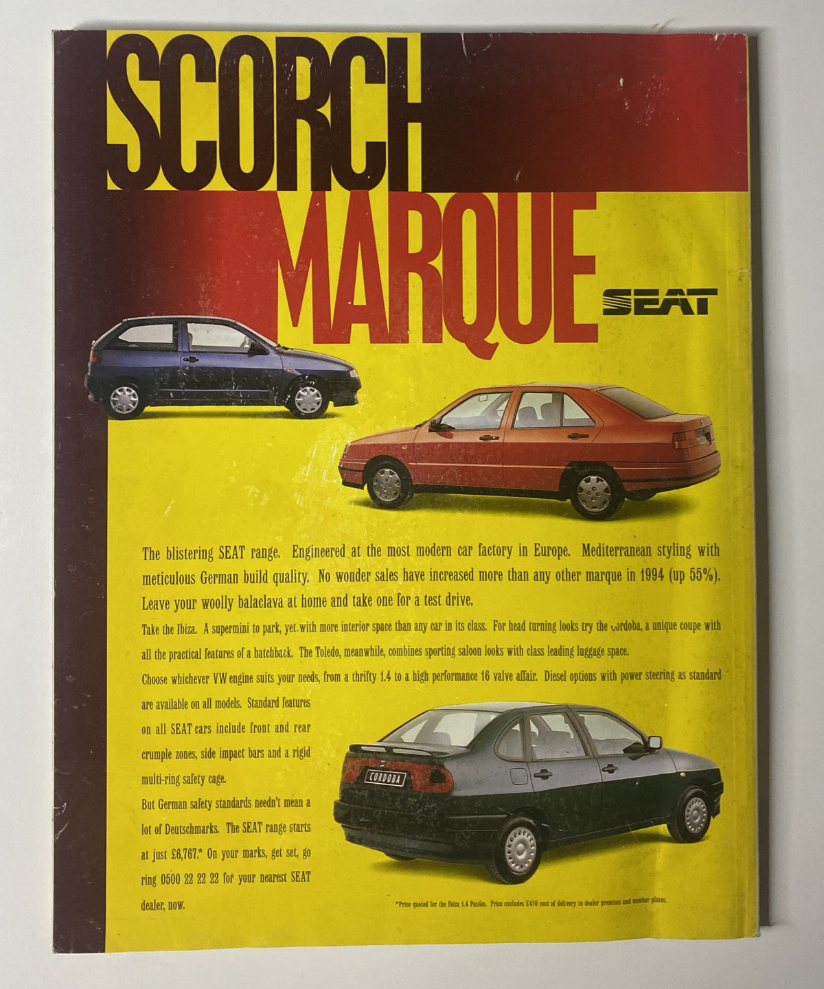 Back cover of Car Magazine February 1995 featuring the SEAT Scorch Marque with images of SEAT vehicles and their description.