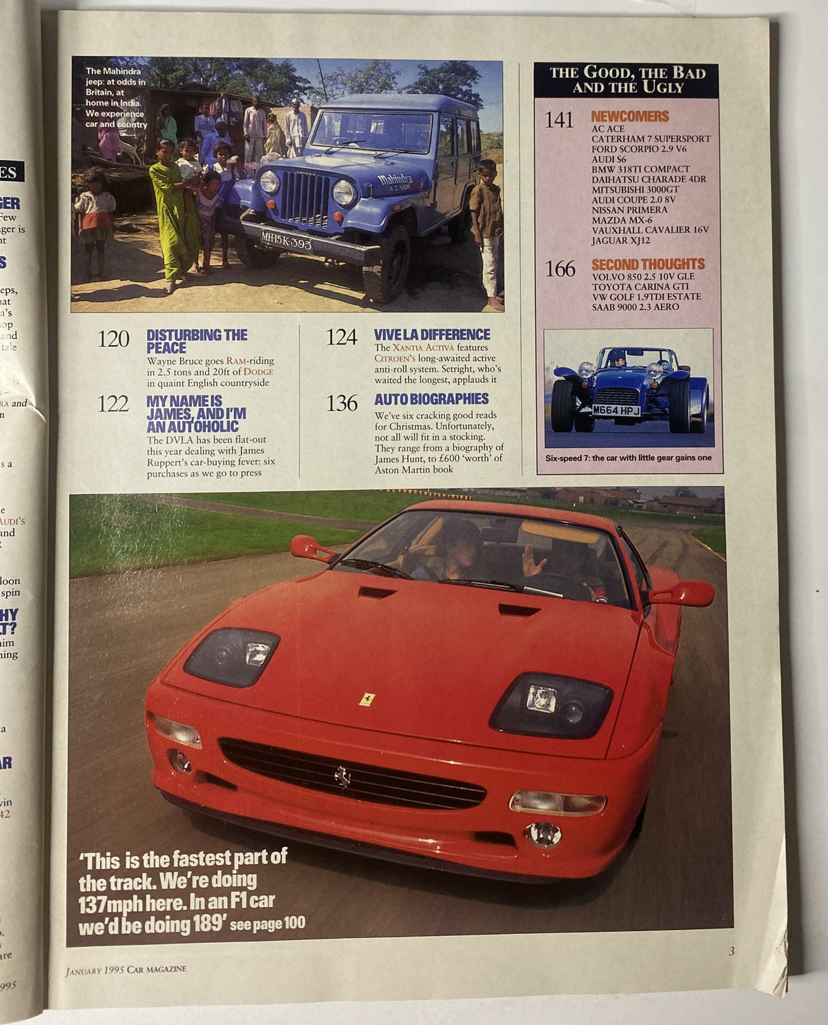 Page from Car Magazine January 1995 featuring articles on vehicles, including a Mahindra Jeep and a Ferrari, under the section 'The Good, The Bad, and The Ugly'.