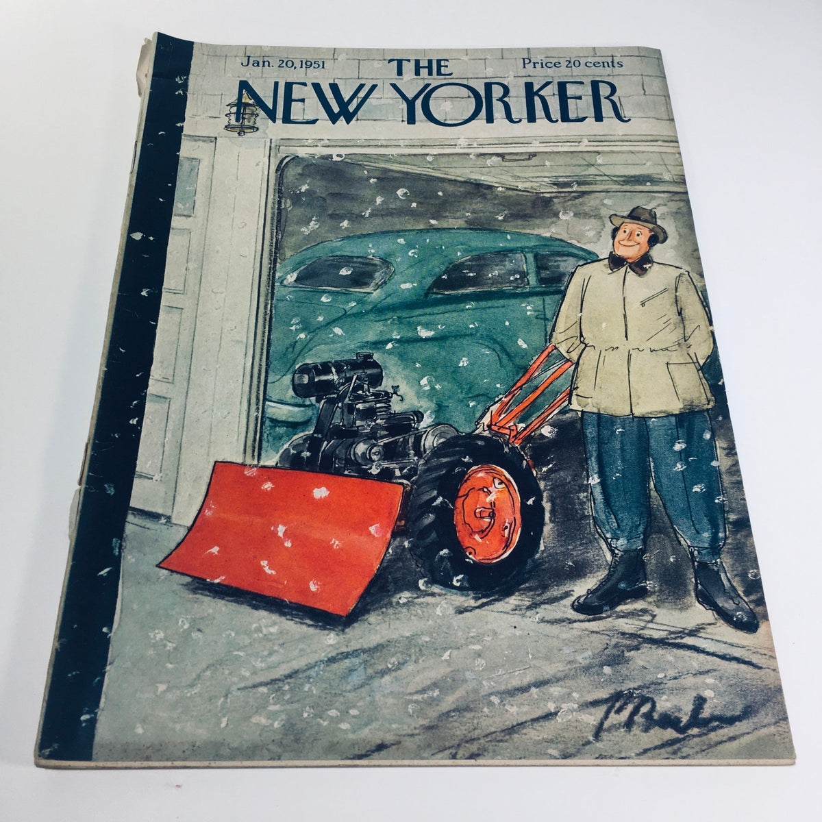 Cover of The New Yorker: January 20, 1951, featuring a snowy scene with a smiling man in a coat next to a snowplow and a vintage green car.