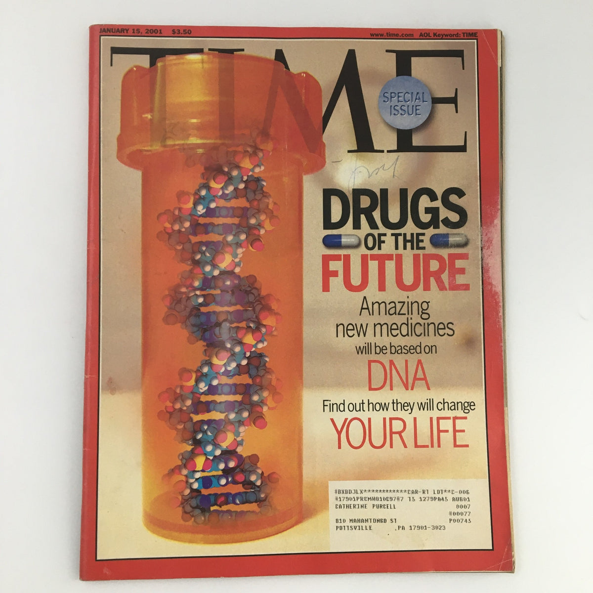 Cover of Time Magazine, January 15, 2001, titled 'Drugs of the Future' showcasing a prescription pill bottle filled with colorful pills and a prominent title about future medicine based on DNA.