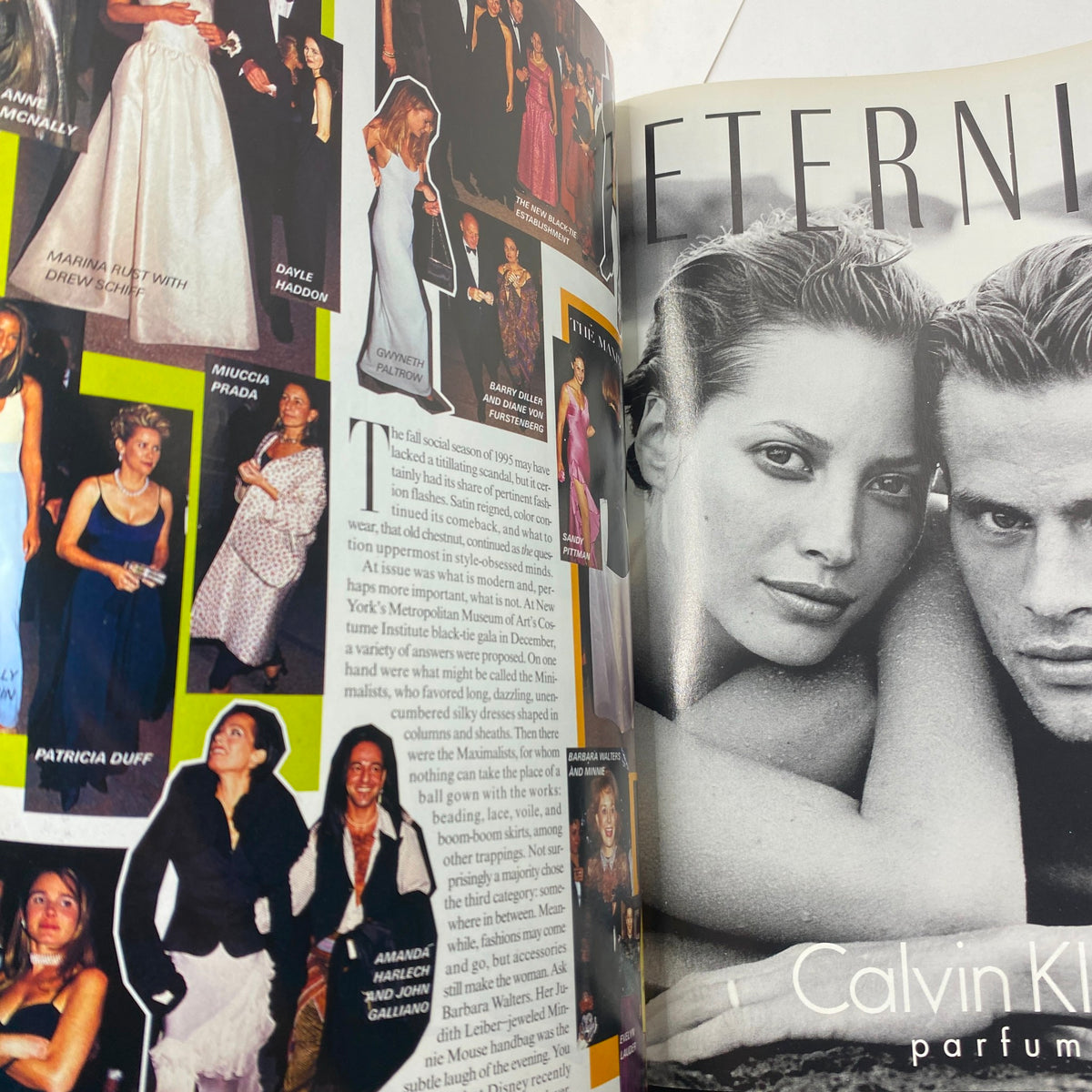 Fashion editorial spread from Vogue Magazine February 1996, featuring various glamorous looks along with models at events, showcasing timeless and contemporary styles.