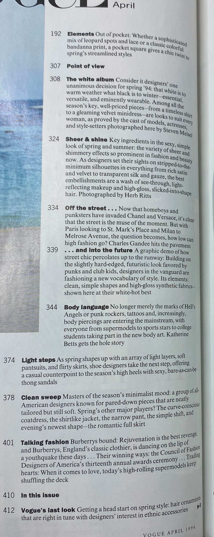 Page layout from Vogue Magazine April 1994, highlighting featured articles on contemporary fashion trends for spring 1994.