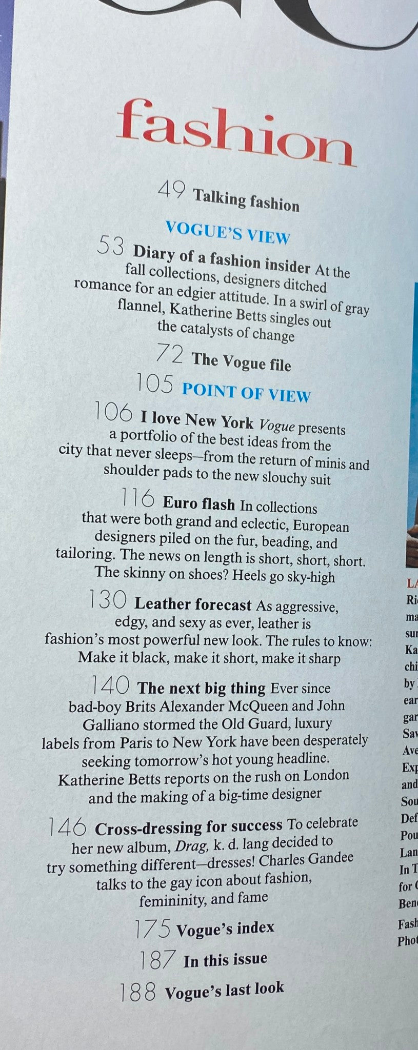 Vogue Magazine July 1997 table of contents highlighting articles on fashion insider views, New York fashion reports, and leather trends.