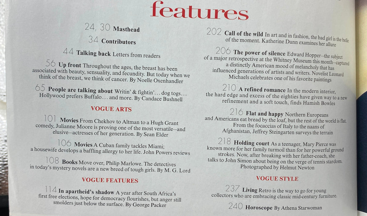 Features page from Vogue Magazine June 1995 including article titles about popular culture, art, and fashion.