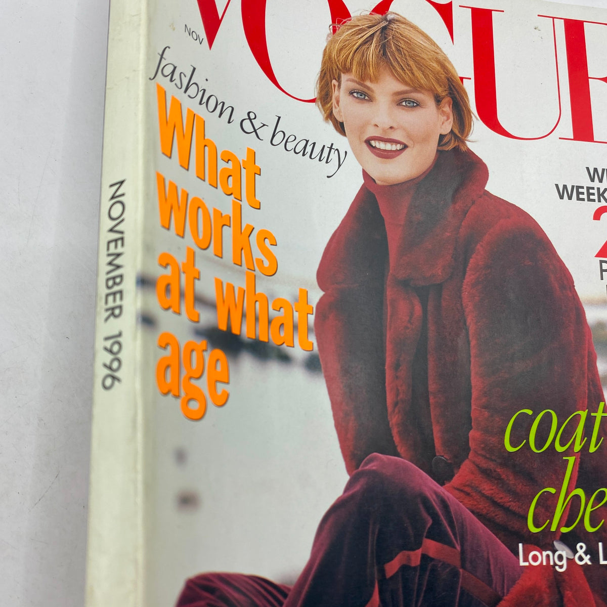 Vogue Magazine November 1996 featuring Linda Evangelista on the cover, showcasing a bold red ensemble with the caption 'What works at what age'.