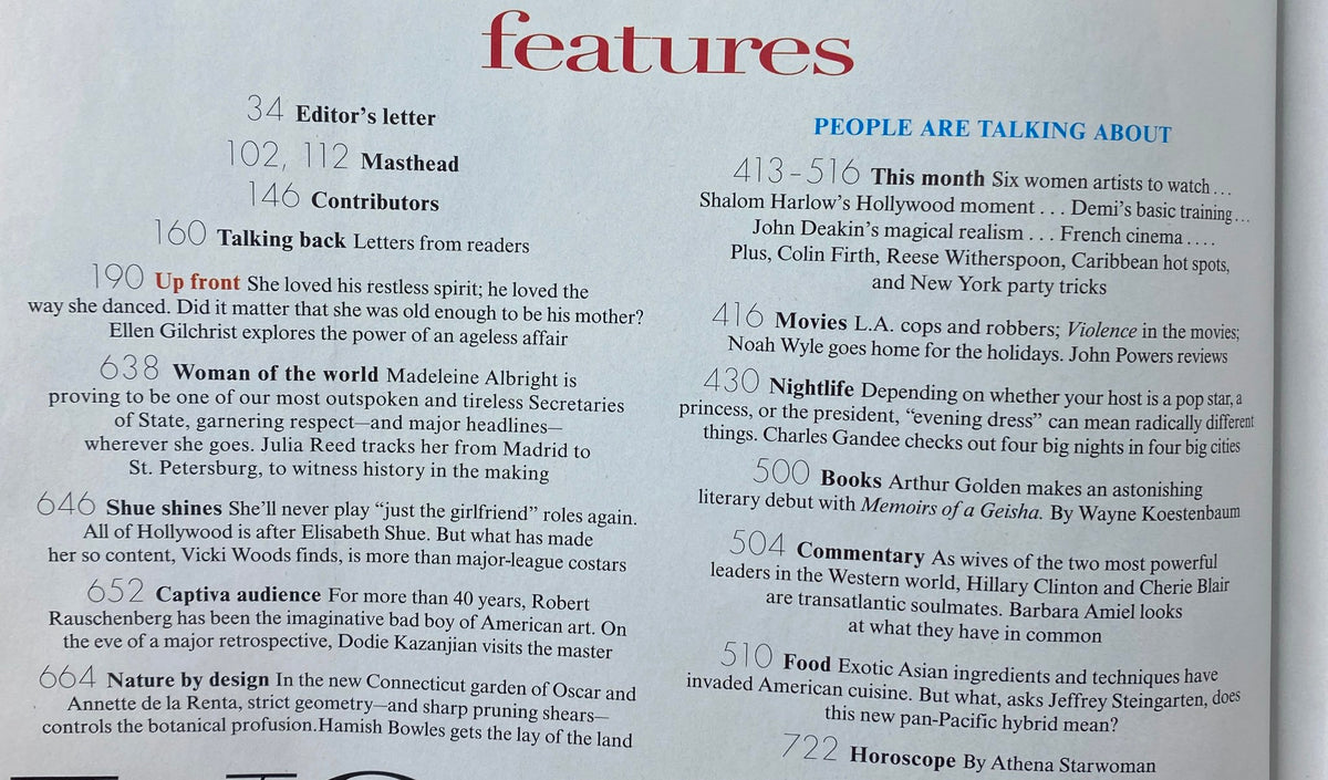 Features page from Vogue Magazine September 1997, showcasing the contents including notable articles and interviews, part of the Linda Evangelista cover issue.