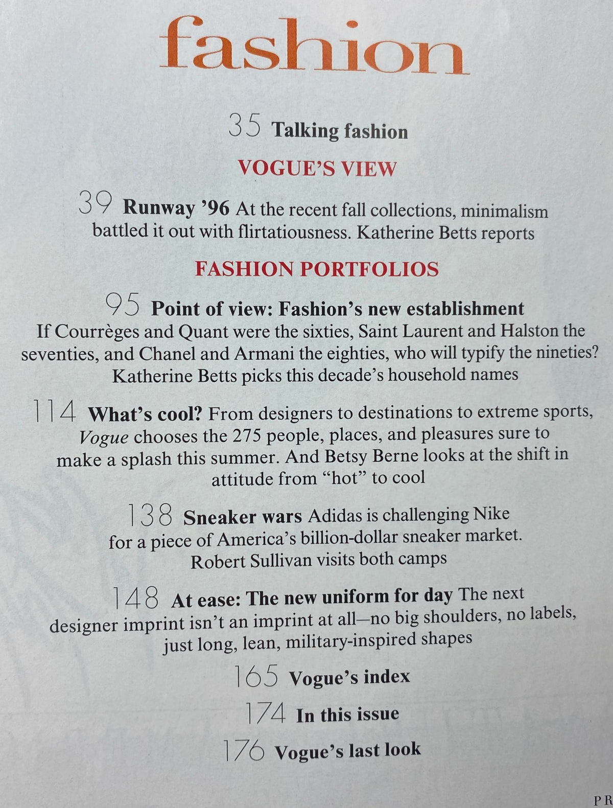 Fashion section page of Vogue Magazine July 1996, featuring articles on Runway '96 and Fashion's New Establishment.