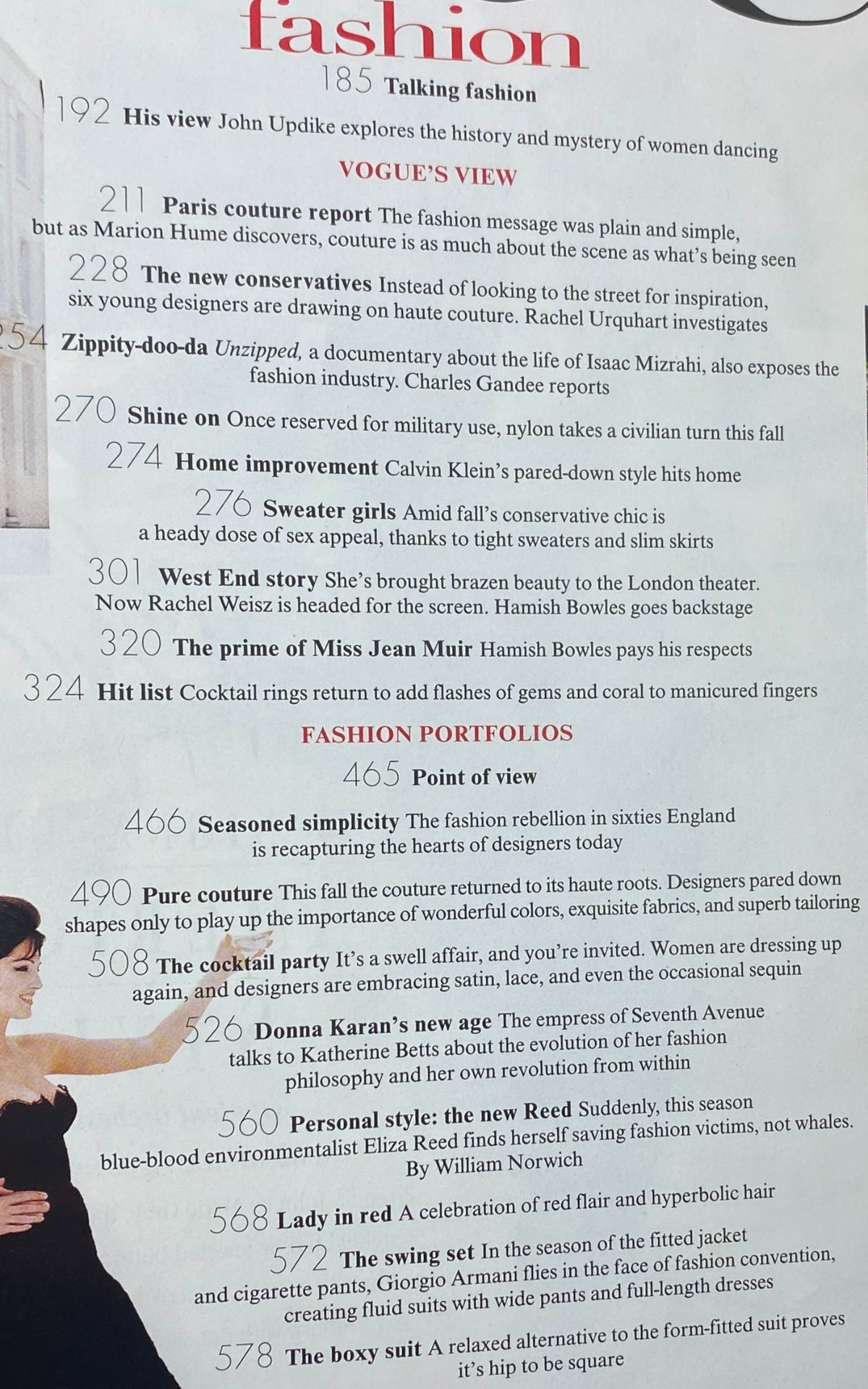 Table of contents from Vogue Magazine September 1995, highlighting articles including Paris Couture Report and Donna Karan's new age.