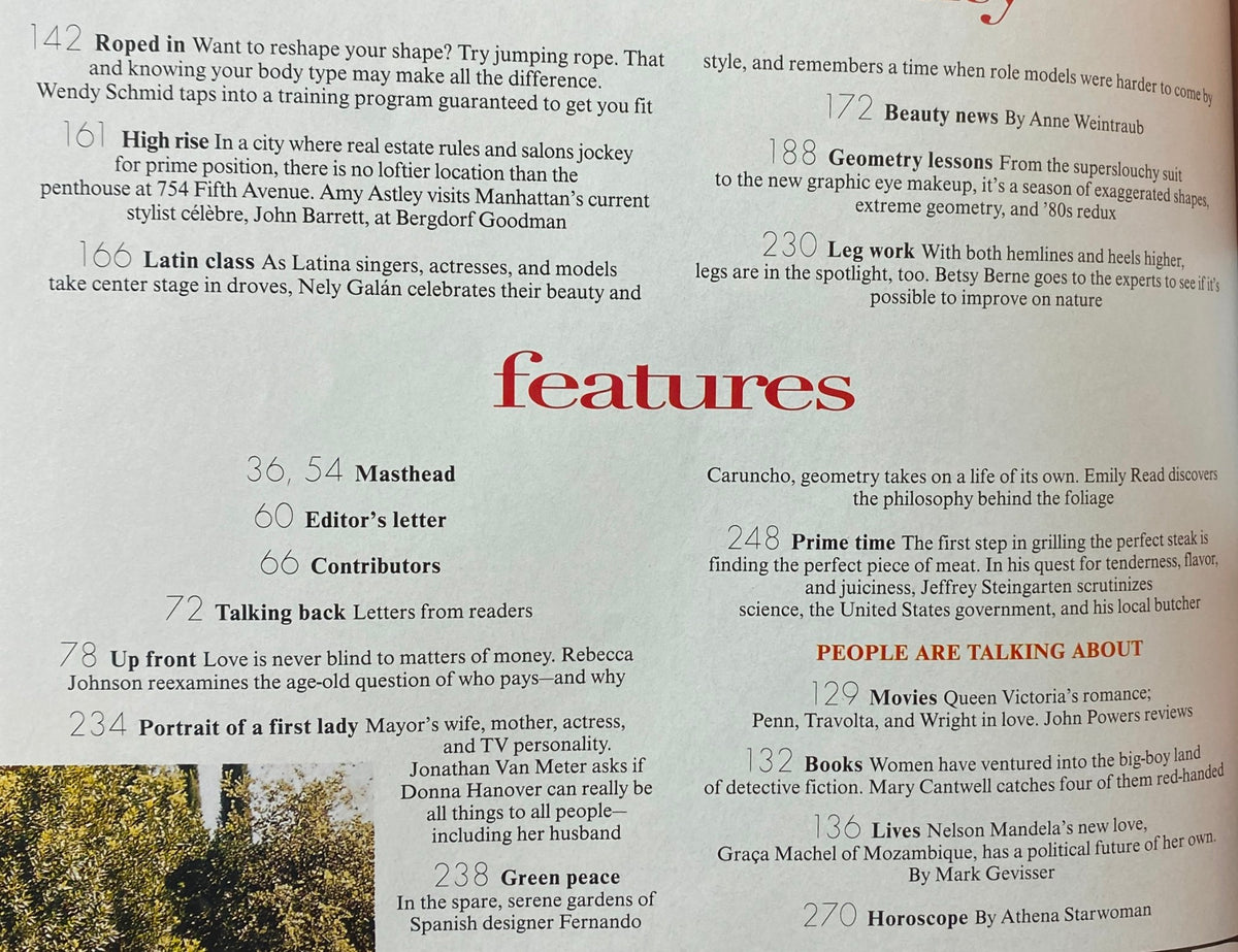 Features page inside Vogue Magazine August 1997, highlighting articles such as 'High Rise' and 'Beauty News', reflecting the magazine's content.