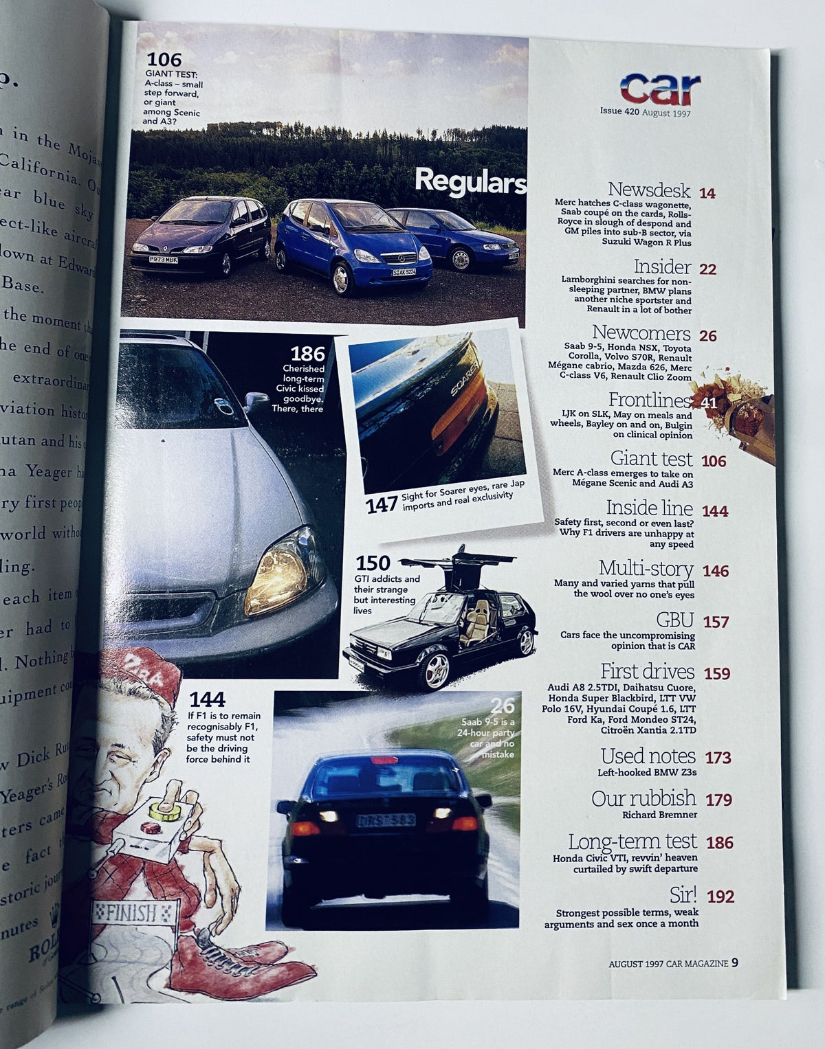 Regulars section of Car Magazine August 1997 showcasing car features and reviews, including models like Honda and a Toyota in a scenic background.