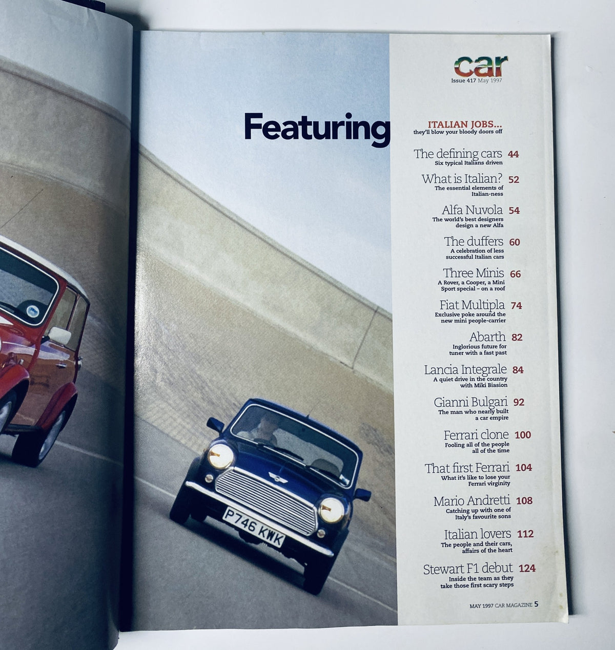 Interior page of Car Magazine May 1997 highlighting the 'Italian Jobs' feature, listing articles about defining Italian cars, Alfa Nuvola, and Fiat Multipla, with visuals of various Italian vehicles.