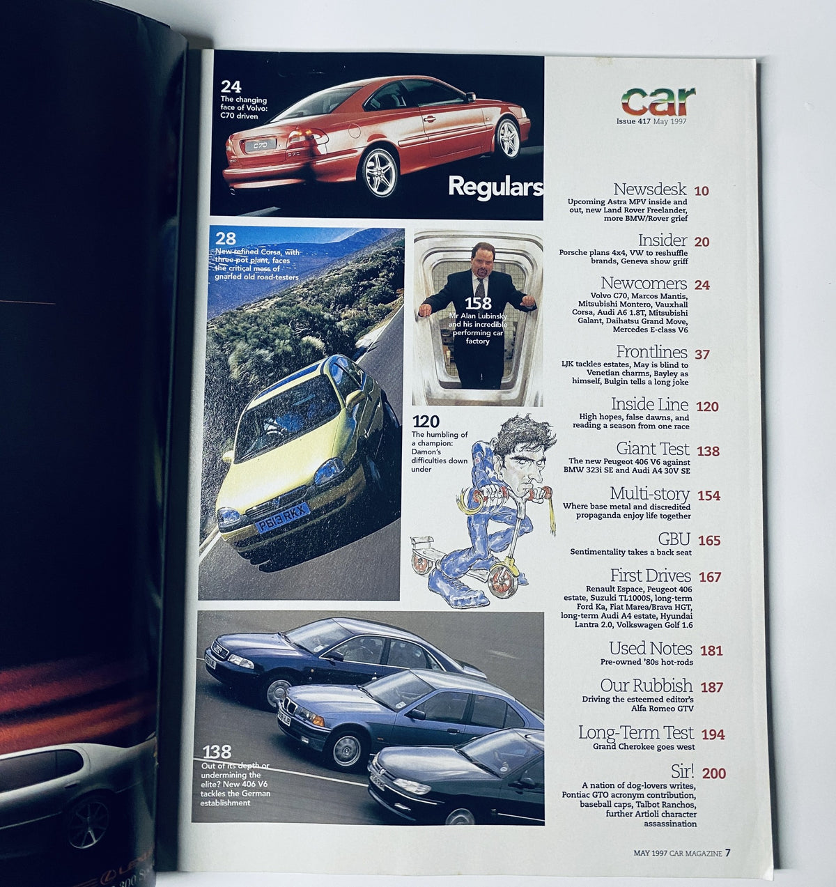 Page from Car Magazine May 1997 displaying the regular sections, including Newsdesk and First Drives, with images of cars and a layout of features for the month.