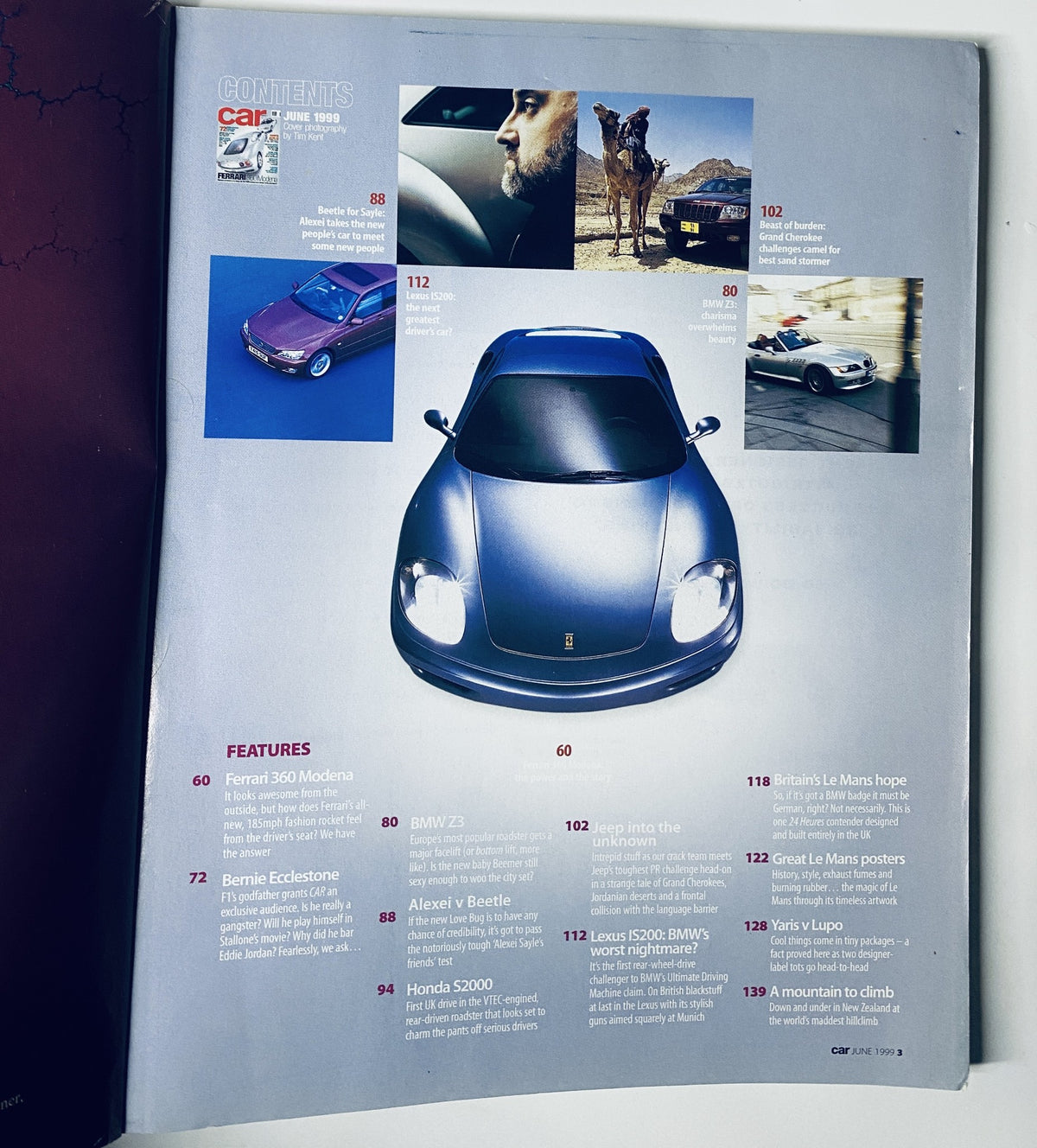 Table of contents from Car Magazine June 1999, displaying features on Ferrari 360 Modena, BMW Z3, and articles by Bernie Ecclestone.